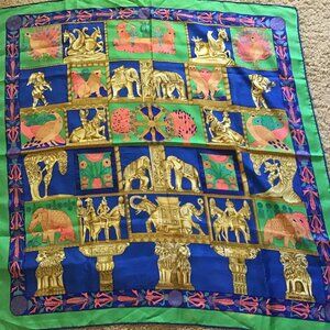 Hermes Blue and Gold Elephant Silk Scarf